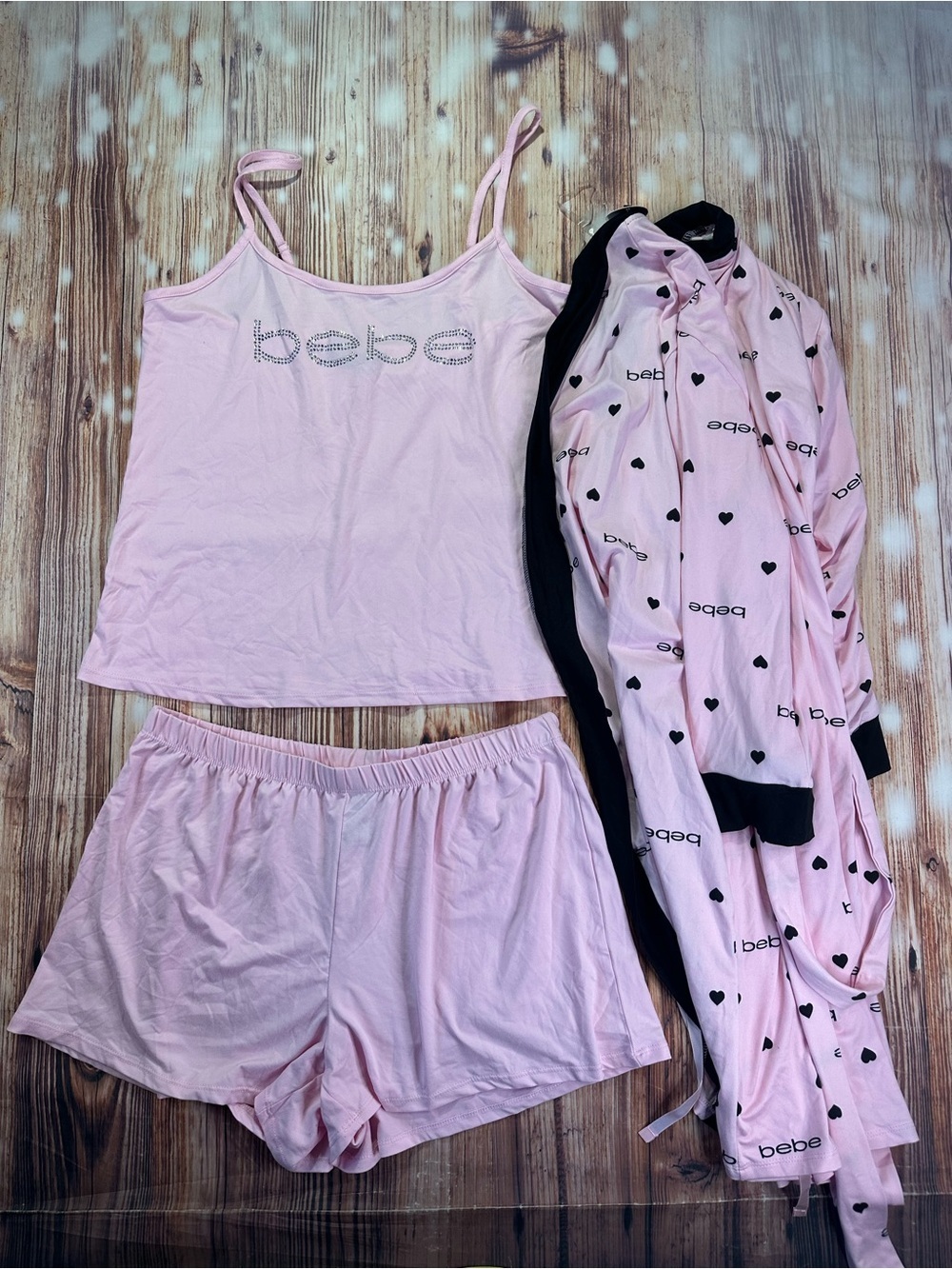 bebe Pink Short Tank & Heart-Print Robe Sleep Set with Black Trim Size Medium - Picture 2 of 16